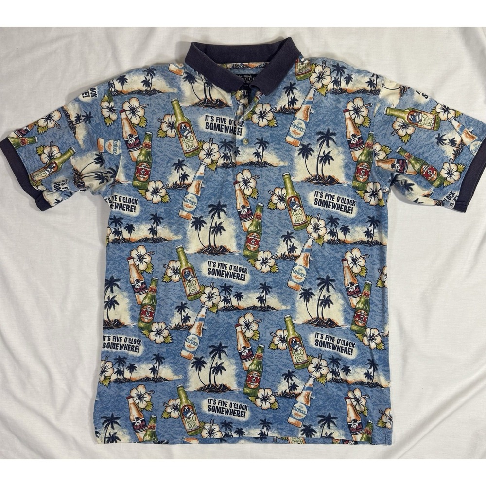 VTG Big Dog Hawaiian Beer Print Men's Polo Shirt Size XL Blue Dos Equis